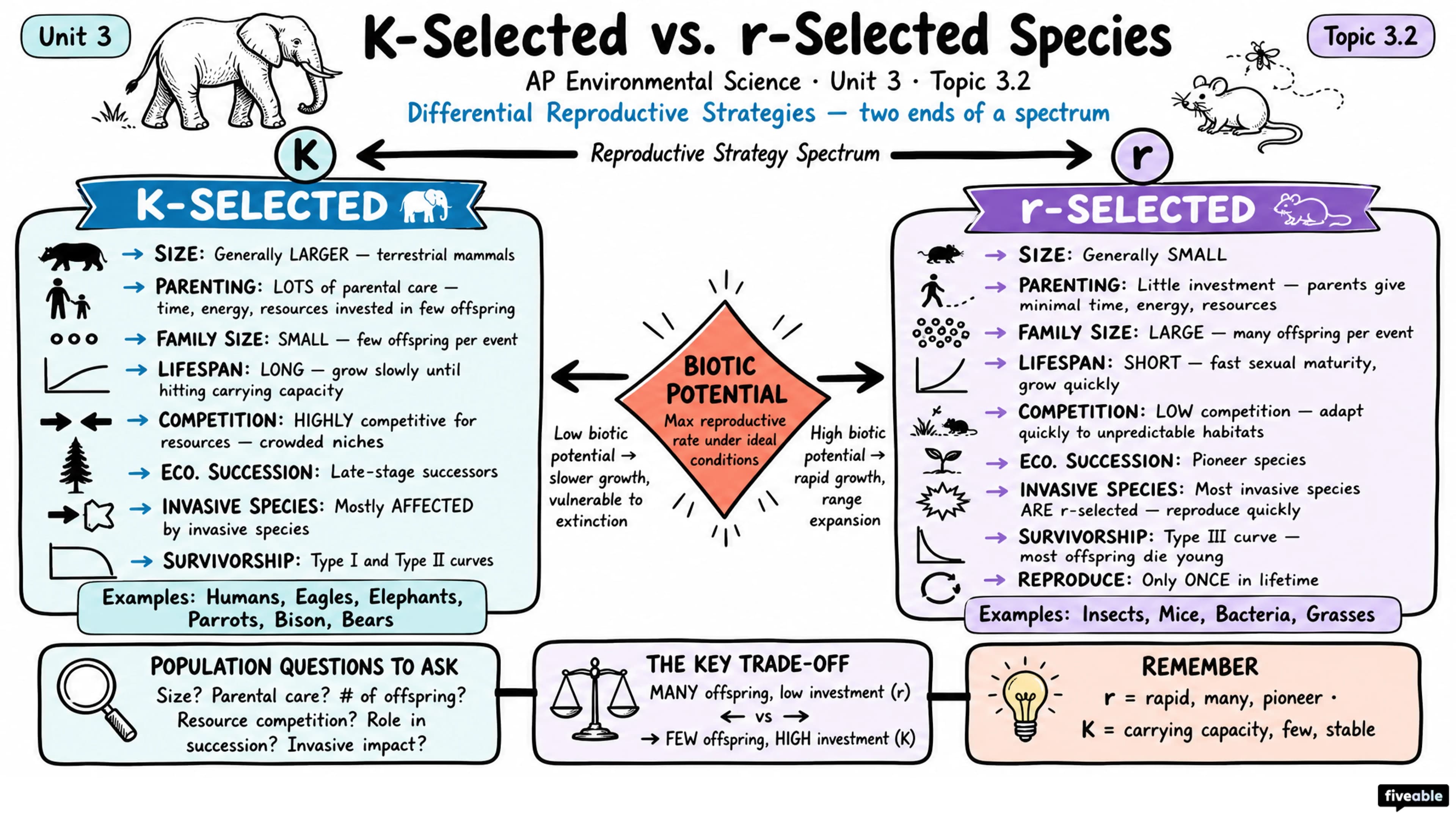 3.2 K-Selected r-Selected Species - AP Environmental Science - Unit 3 visual cheatsheet