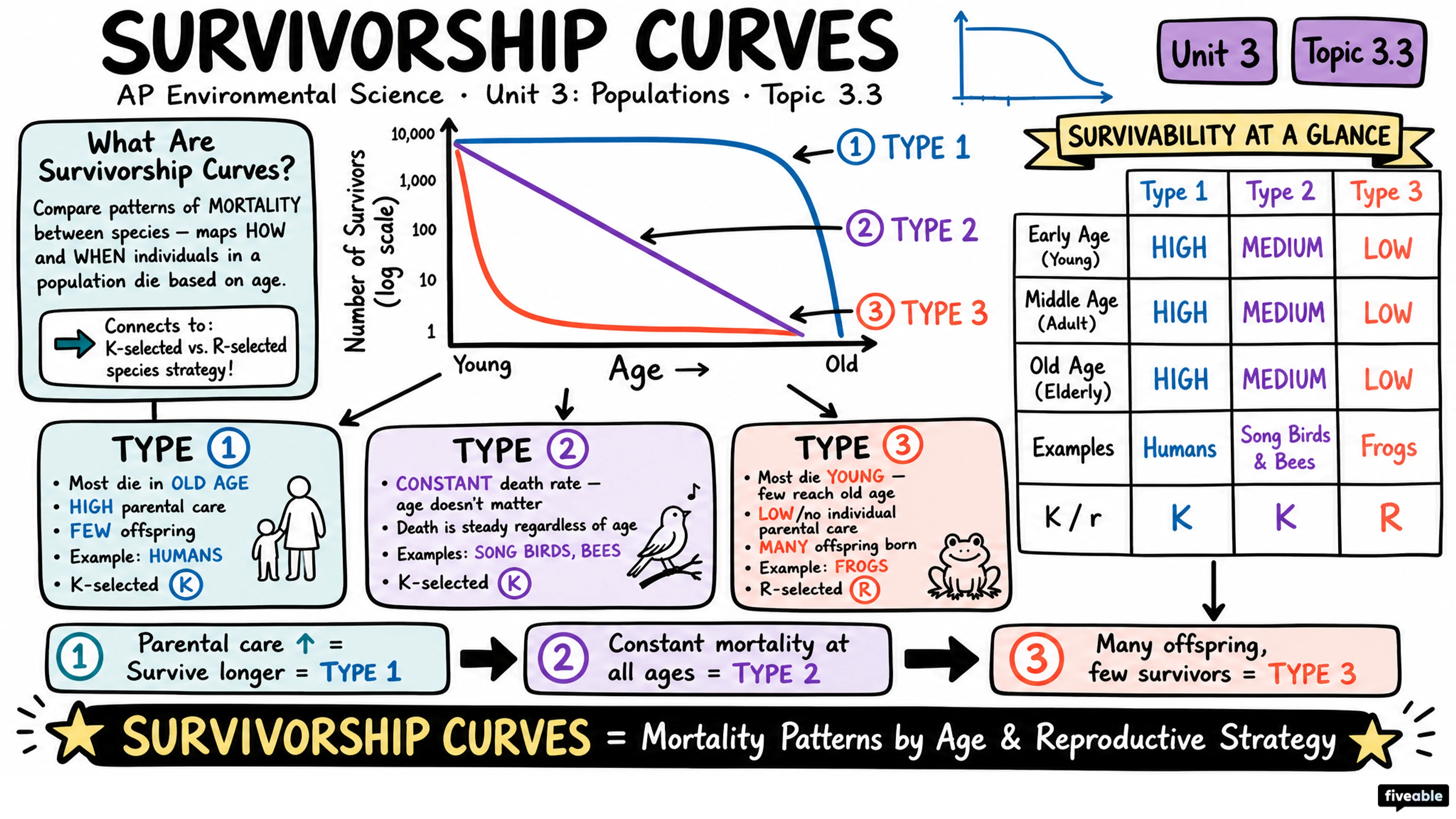 3.3 Survivorship Curves - AP Environmental Science - Unit 3 visual cheatsheet