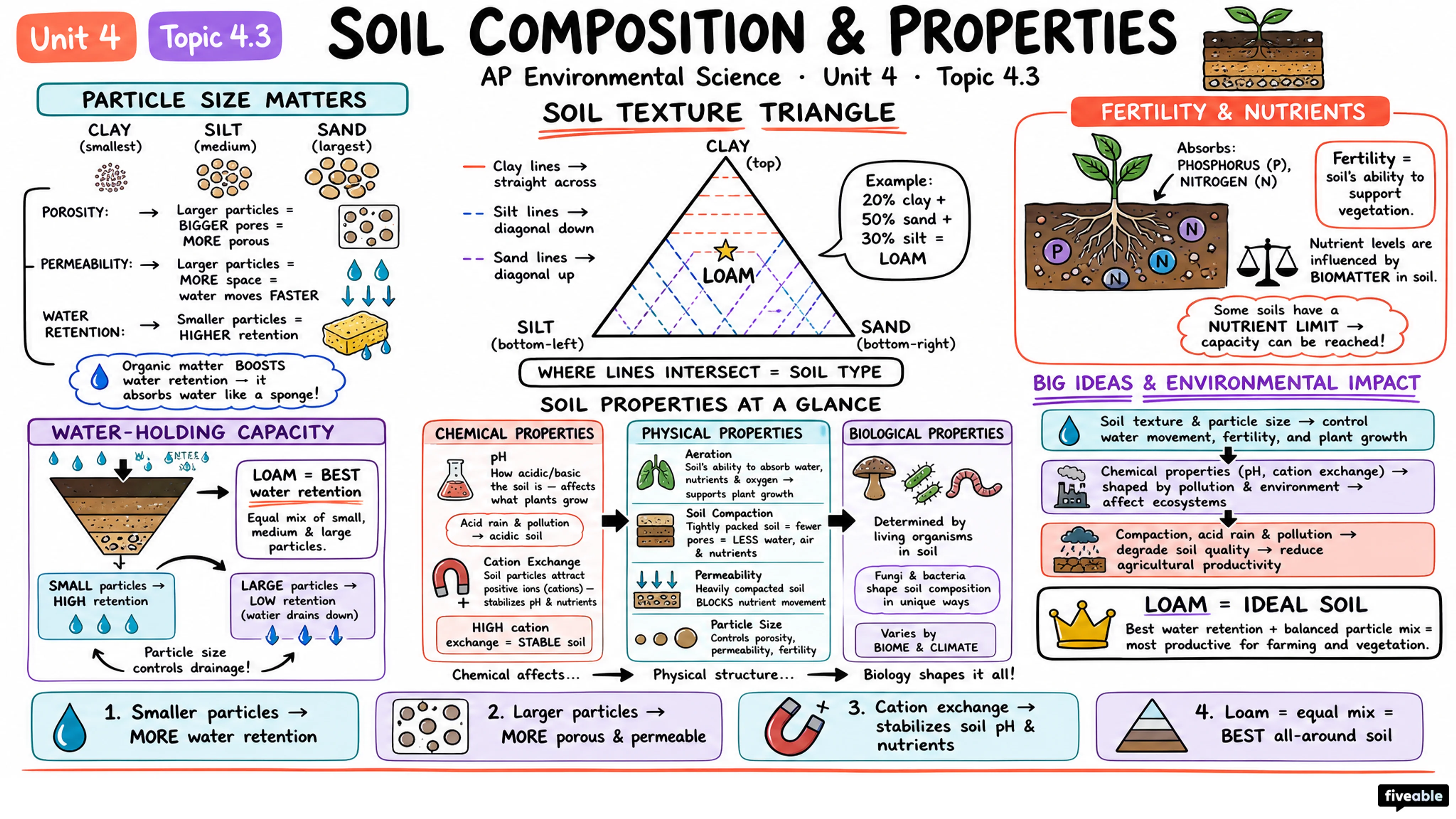 4.3 Soil Composition and Properties - AP Environmental Science - Unit 4 visual cheatsheet