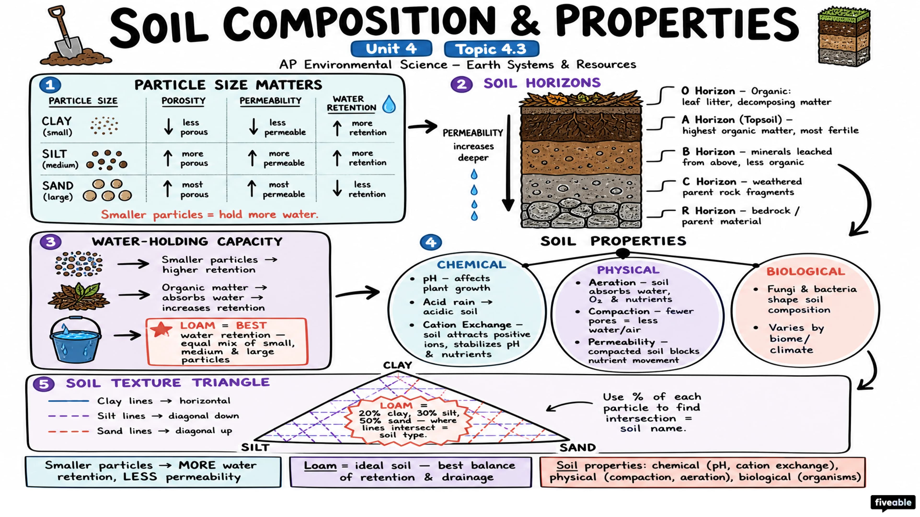 4.3 Soil Composition and Properties - AP Environmental Science - Unit 4 visual cheatsheet