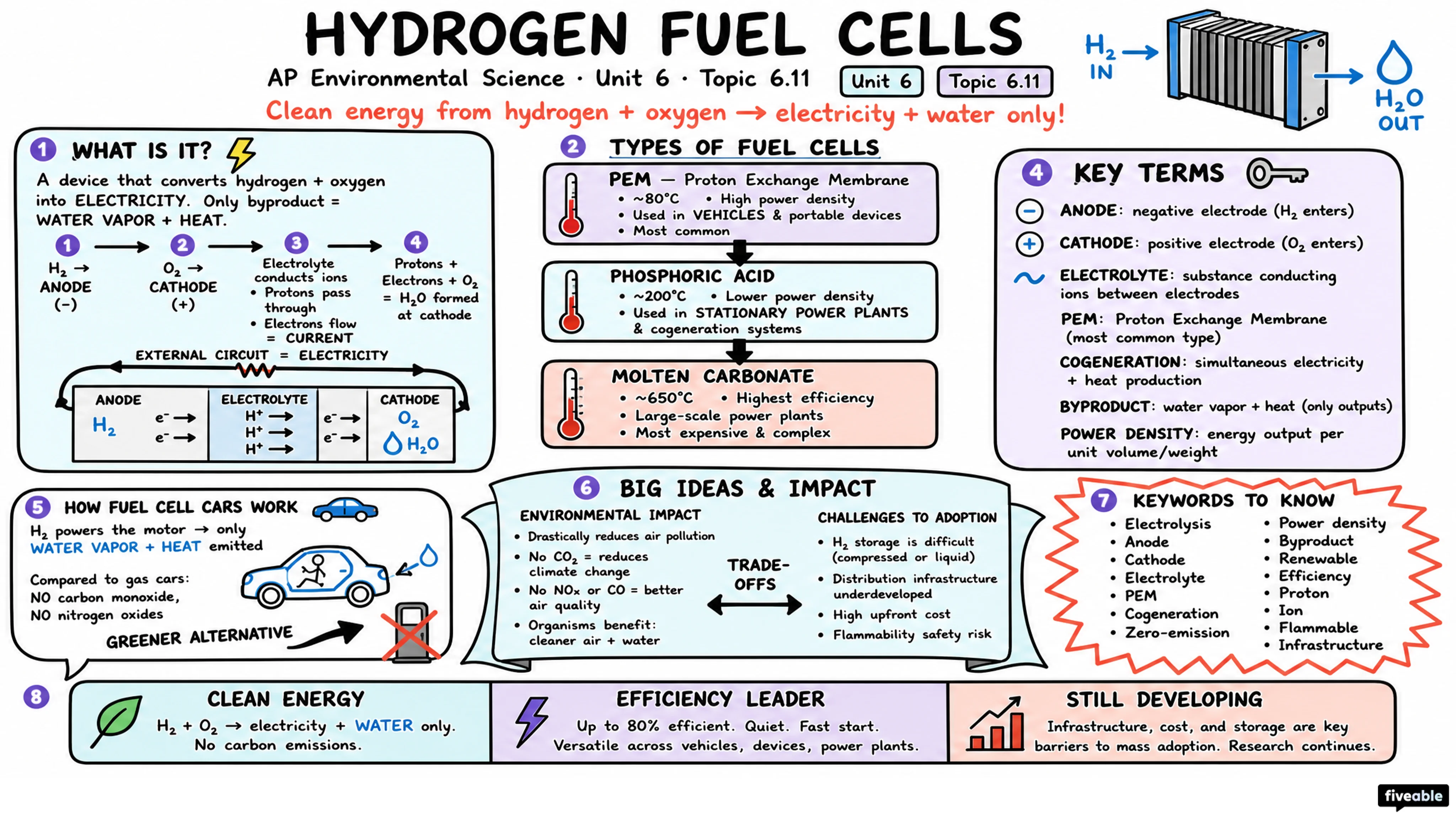 6.11 Hydrogen Fuel Cell - AP Environmental Science - Unit 6 visual cheatsheet