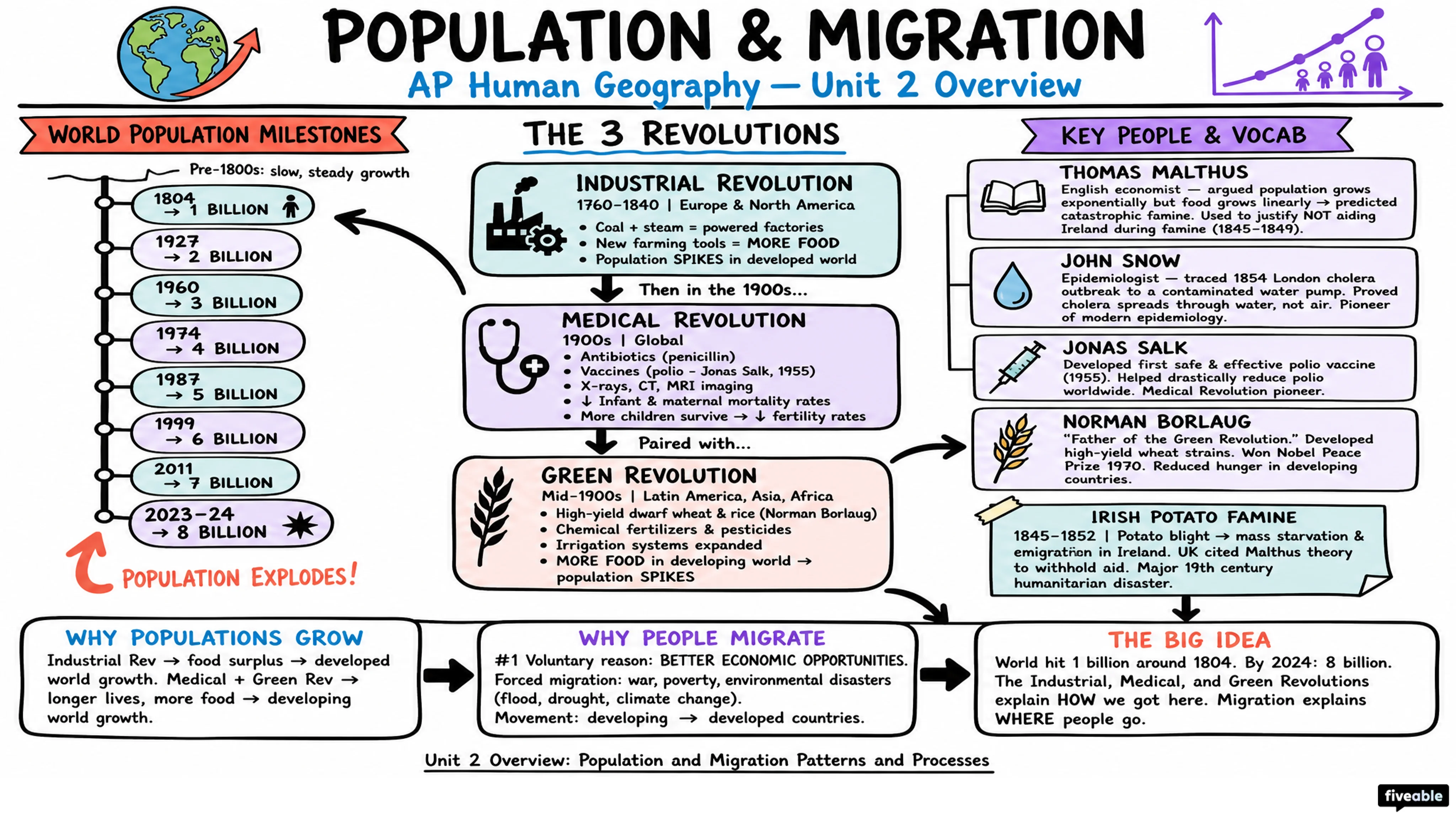 Unit 2 Overview: Population and Migration Patterns and Processes - AP Human Geography - Unit 2 visual cheatsheet