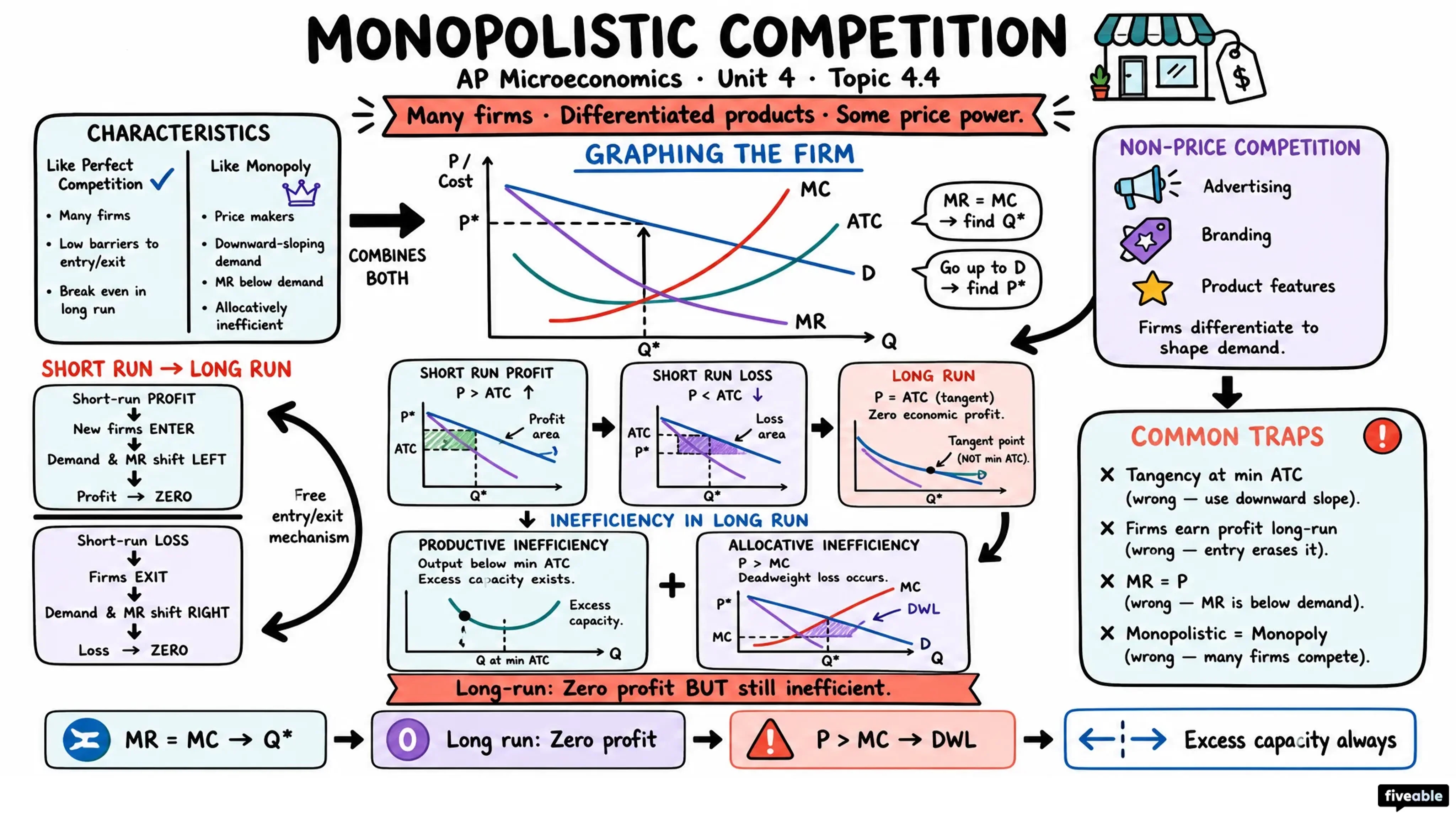 4.4 Monopolistic Competition - AP Microeconomics - Unit 4 visual cheatsheet