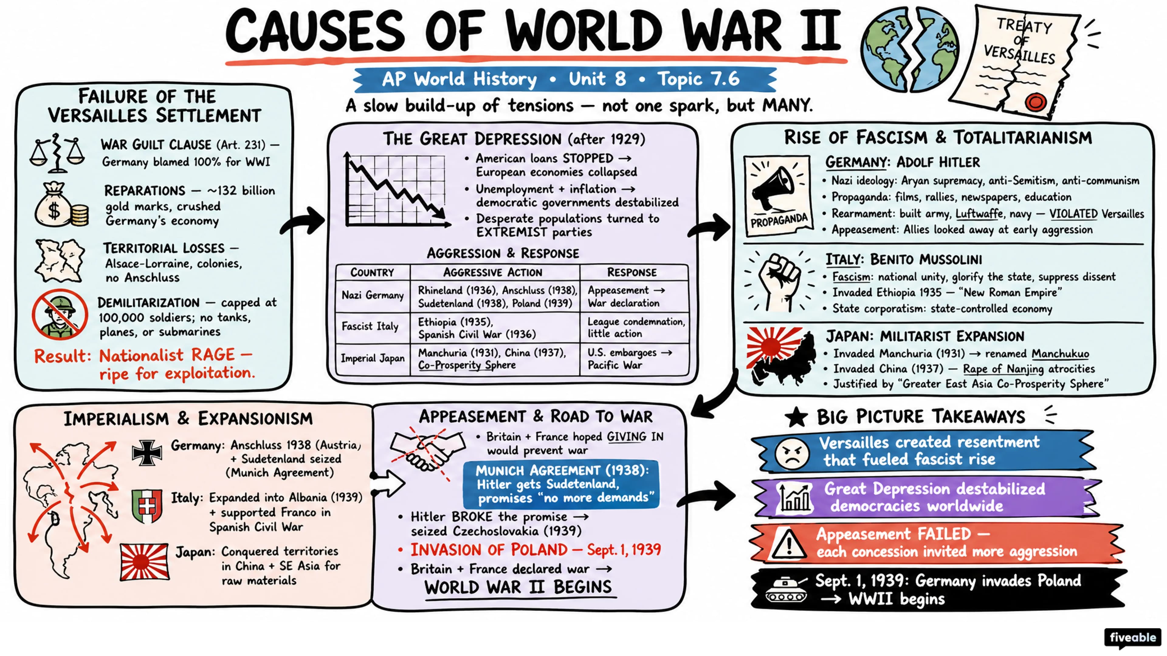 7.6 Causes of World War II - AP World History - Unit 7 visual cheatsheet