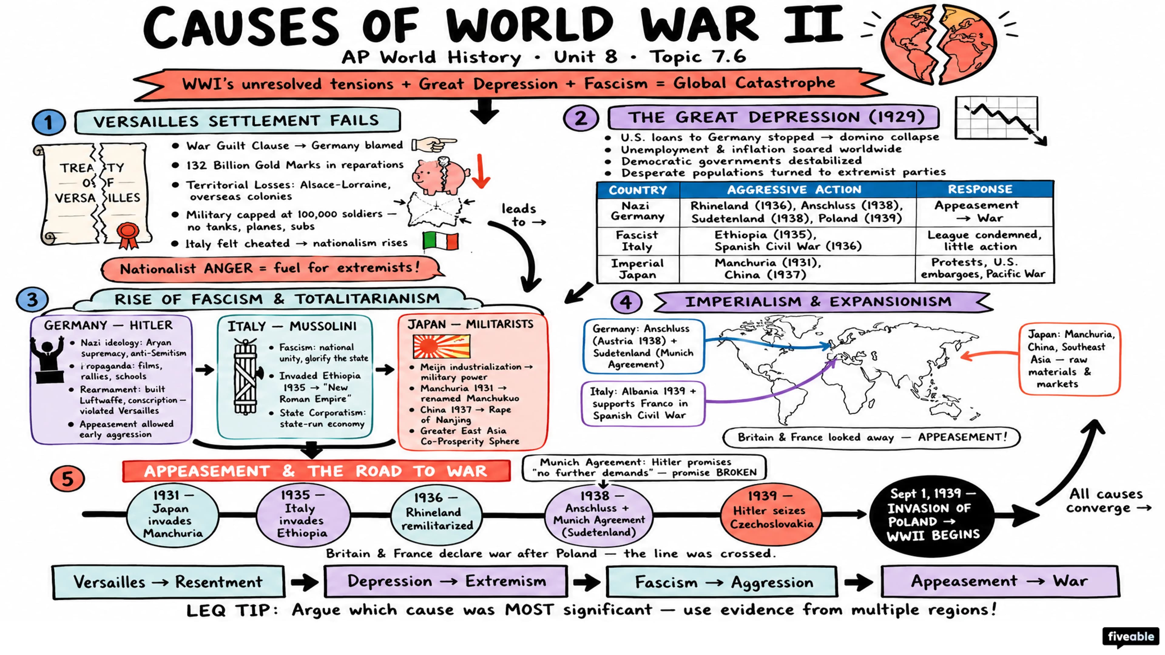 7.6 Causes of World War II - AP World History - Unit 7 visual cheatsheet
