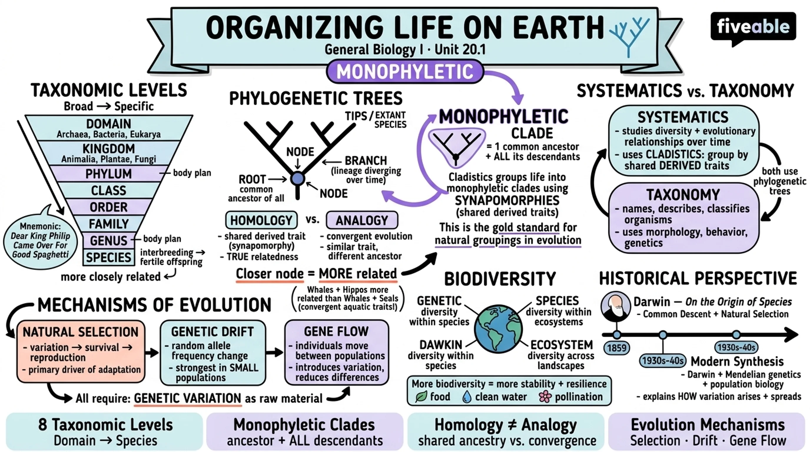 20.1 Organizing Life on Earth - General Biology I - Unit 20 visual cheatsheet