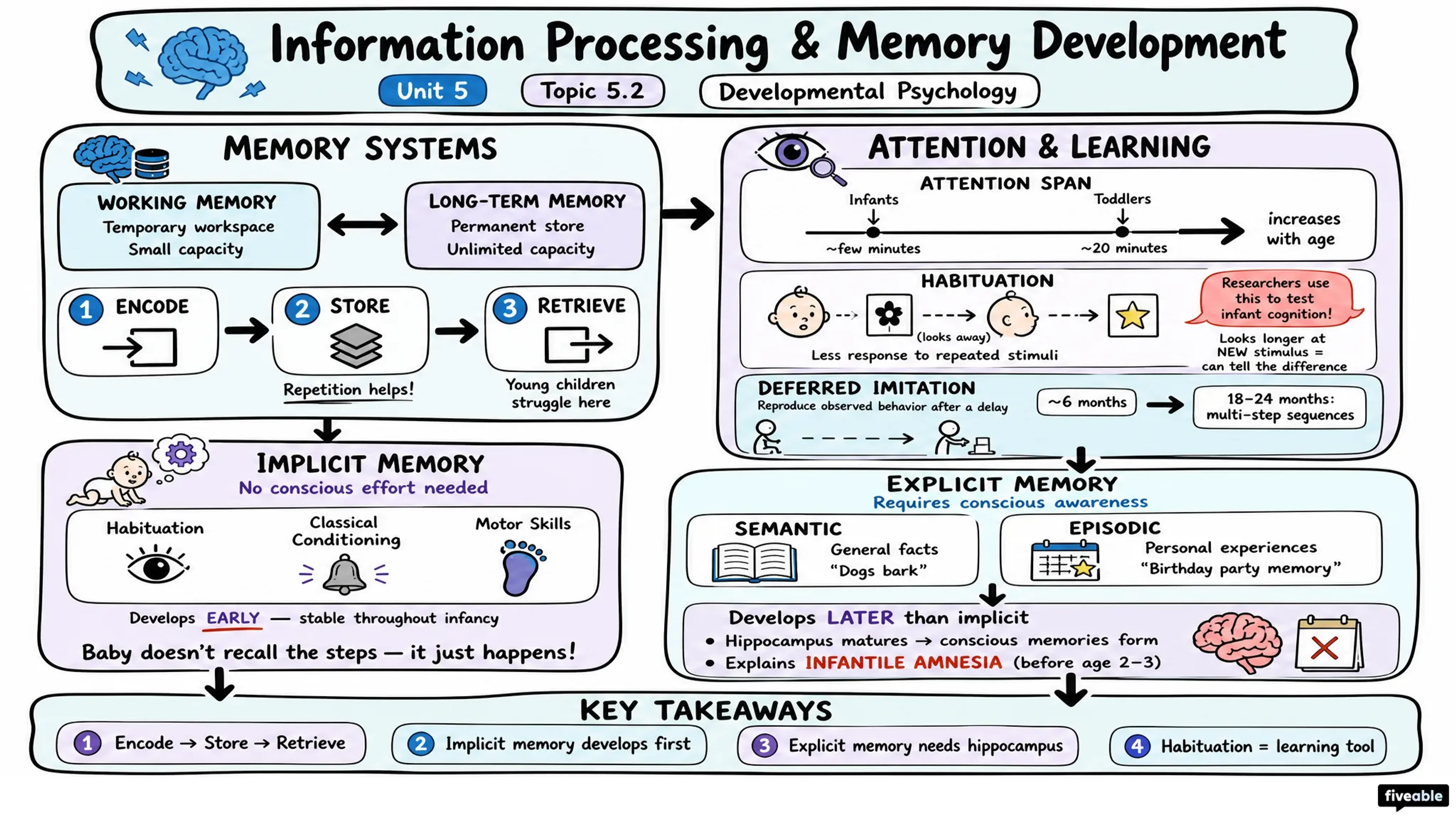5.2 Information Processing and Memory Development - Developmental Psychology - Unit 5 visual cheatsheet