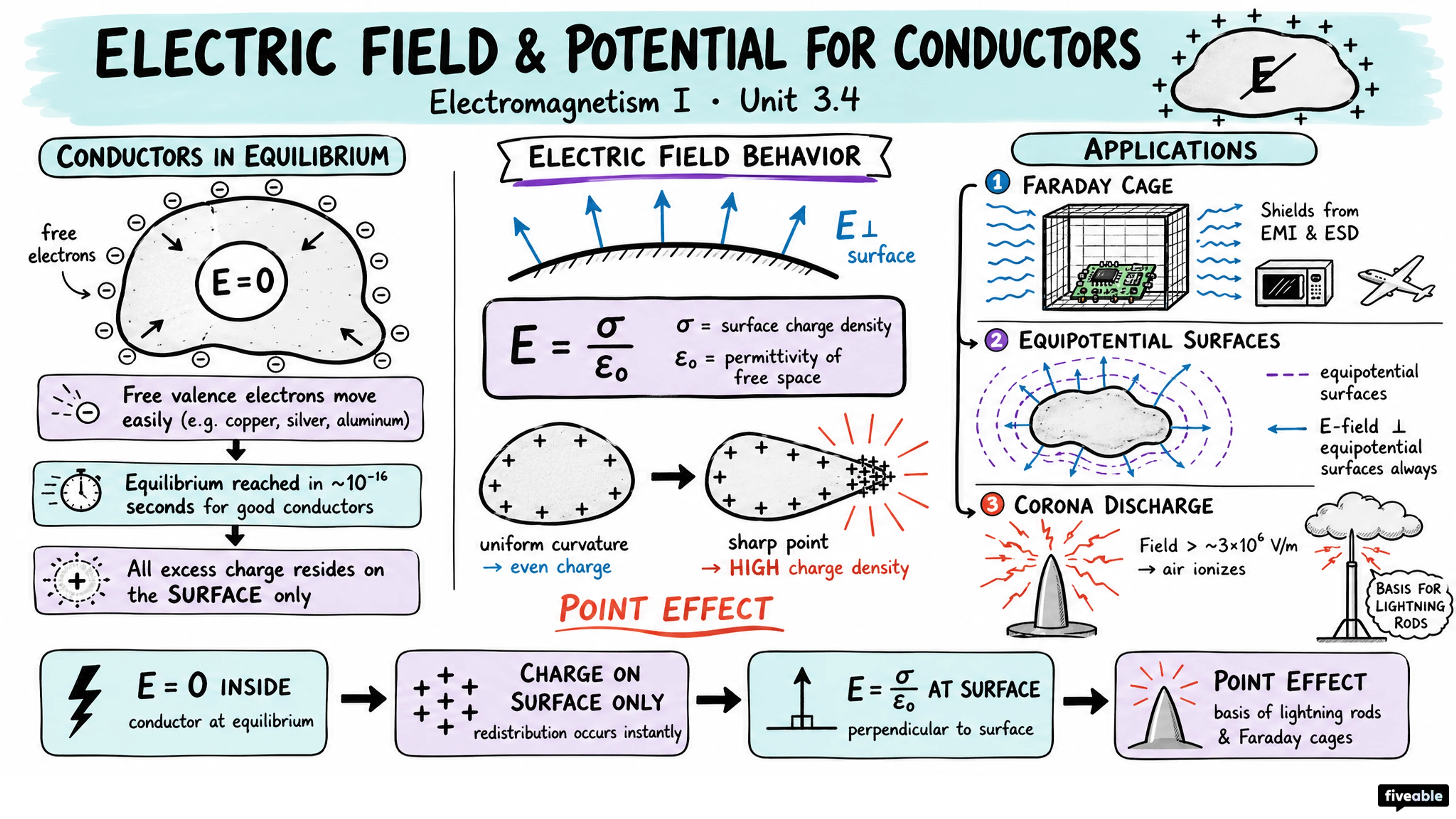 3.4 Electric field and potential for conductors - Electromagnetism I - Unit 3 visual cheatsheet