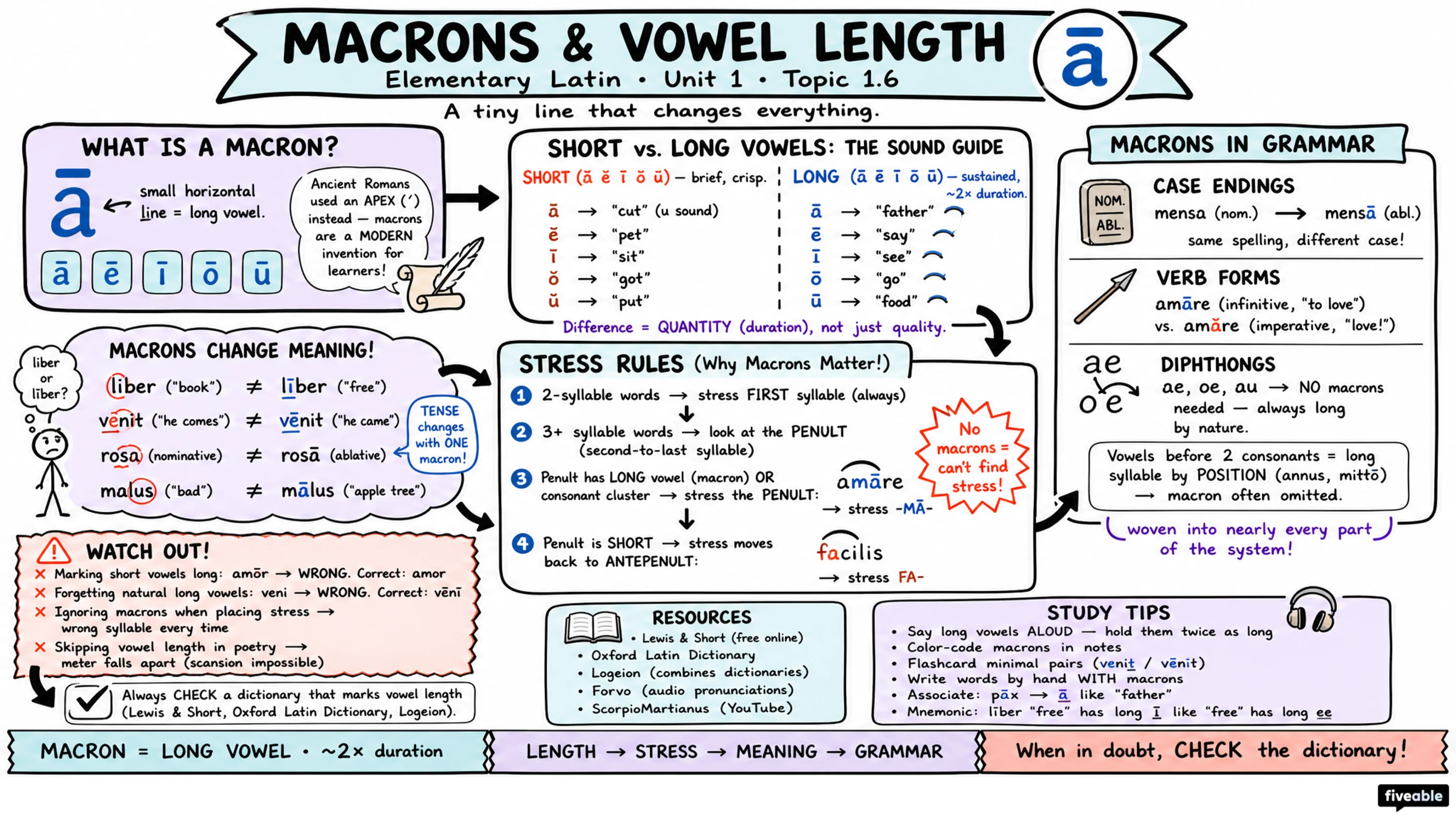 1.6 Macrons and vowel length - Elementary Latin - Unit 1 visual cheatsheet