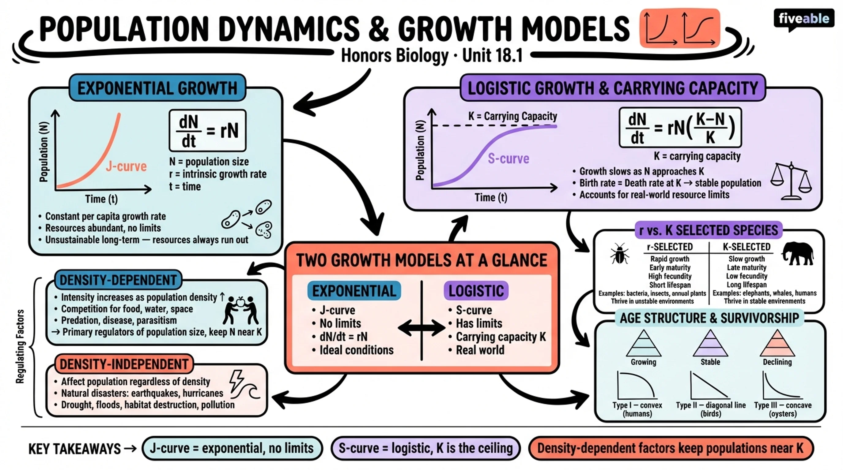 18.1 Population Dynamics and Growth Models - Honors Biology - Unit 18 visual cheatsheet