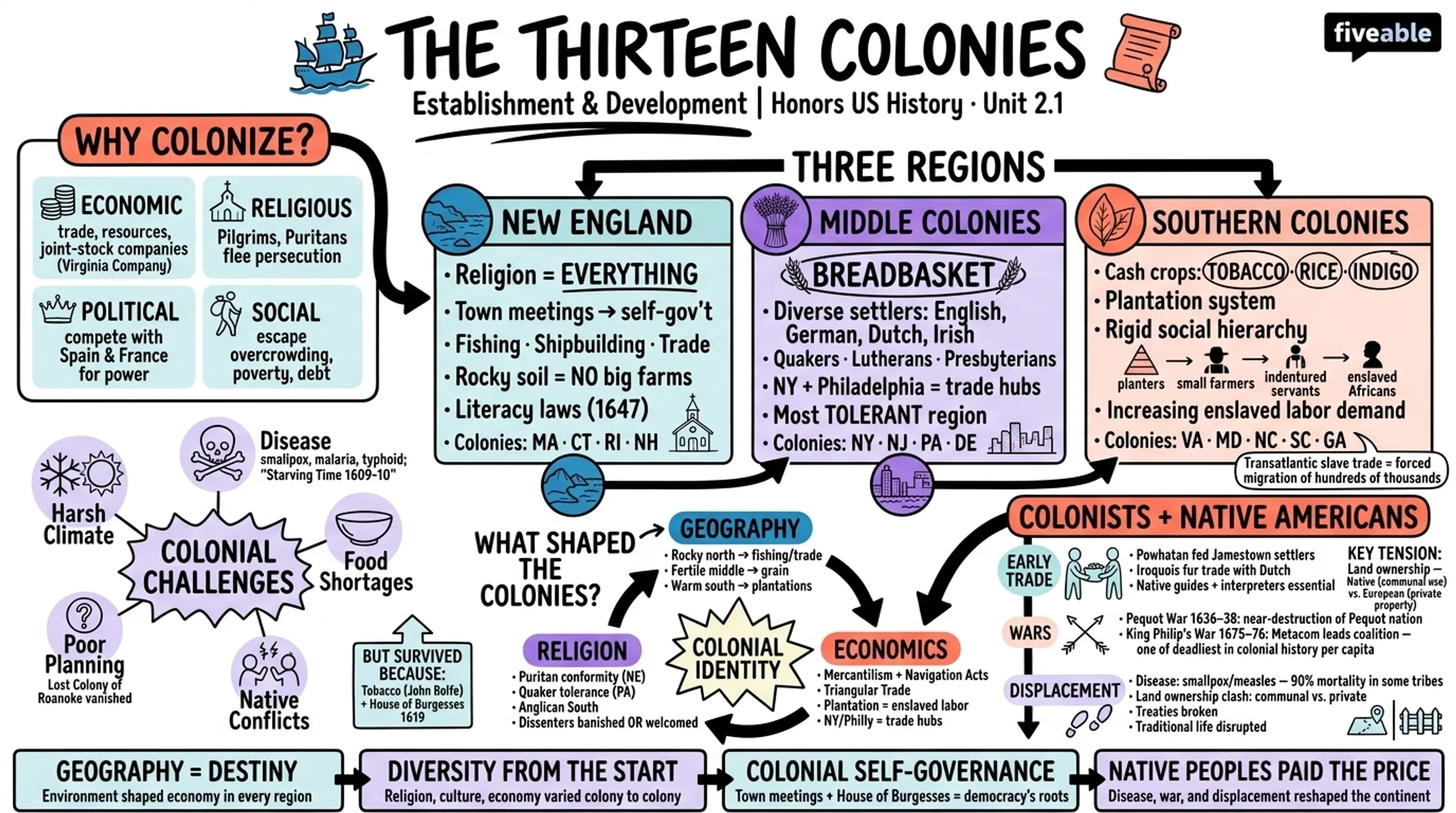 2.1 The Thirteen Colonies: Establishment and Development - Honors US History - Unit 2 visual cheatsheet