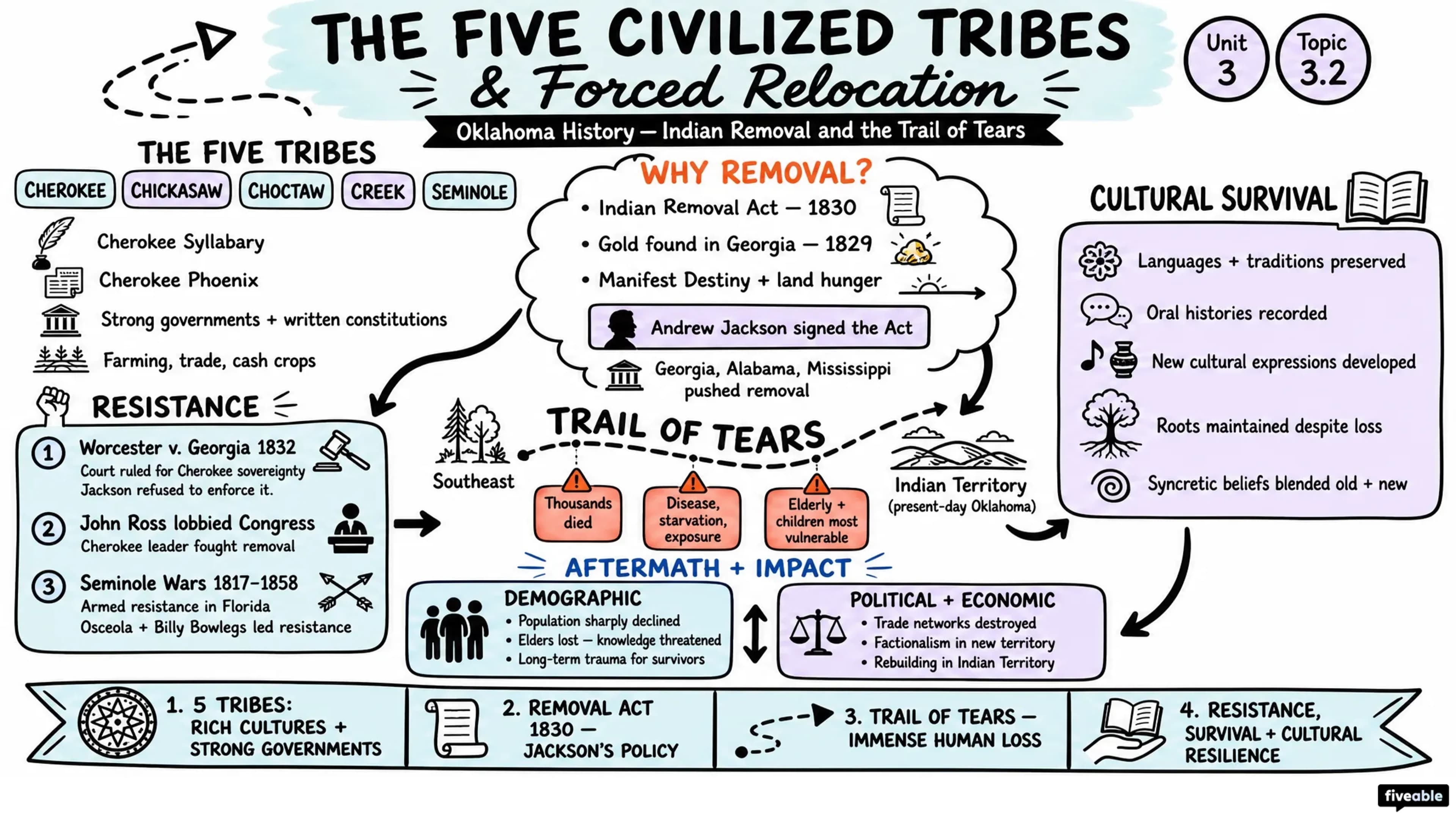 3.2 The Five Civilized Tribes and their forced relocation - Oklahoma History - Unit 3 visual cheatsheet