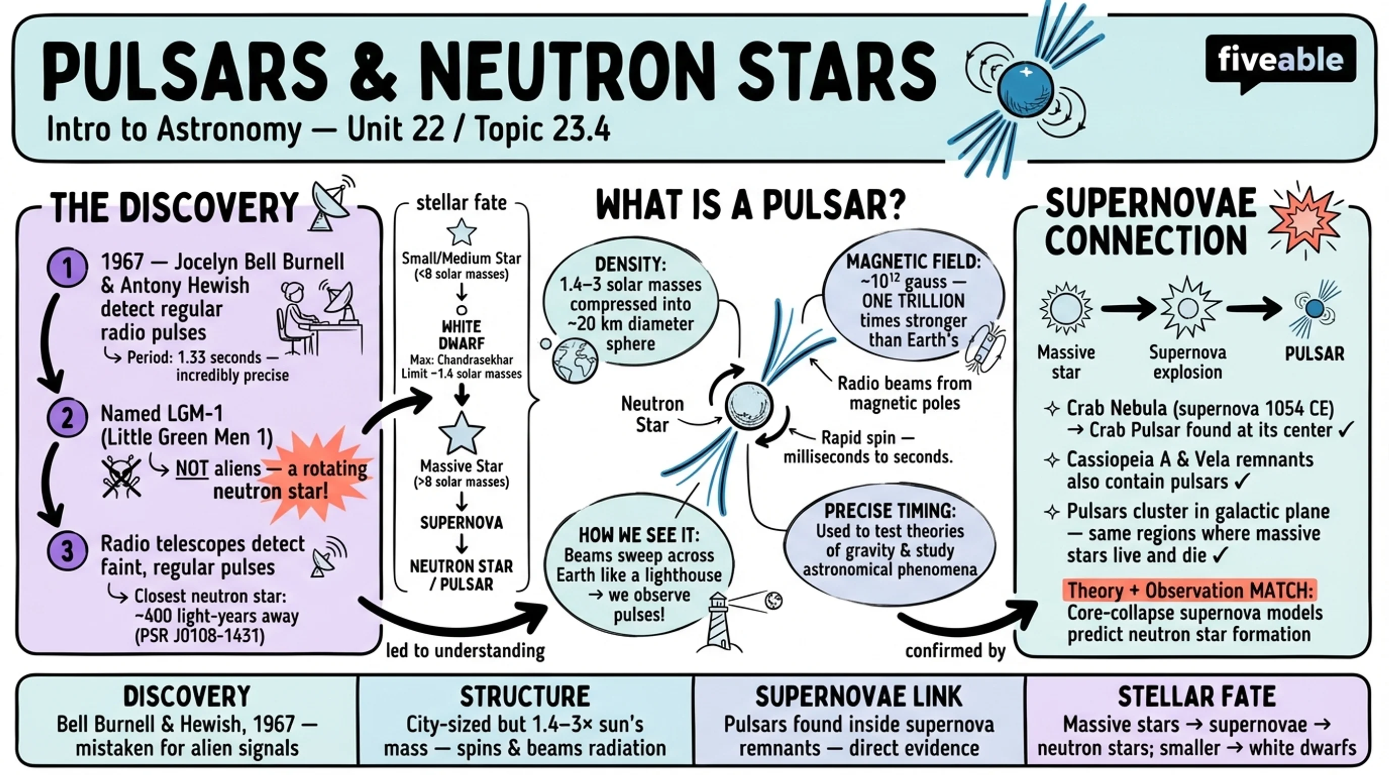 23.4 Pulsars and the Discovery of Neutron Stars - Intro to Astronomy - Unit 23 visual cheatsheet