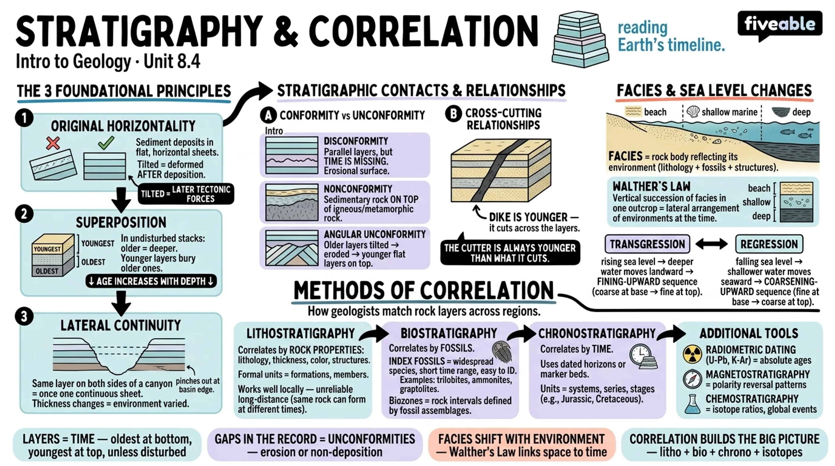 8.4 Principles of stratigraphy and correlation - Intro to Geology - Unit 8 visual cheatsheet