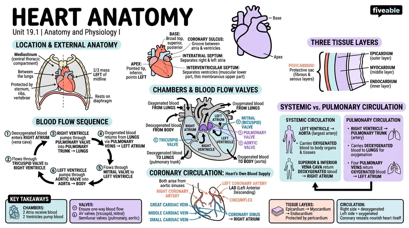 19.1 Heart Anatomy - Anatomy and Physiology I - Unit 19 visual cheatsheet