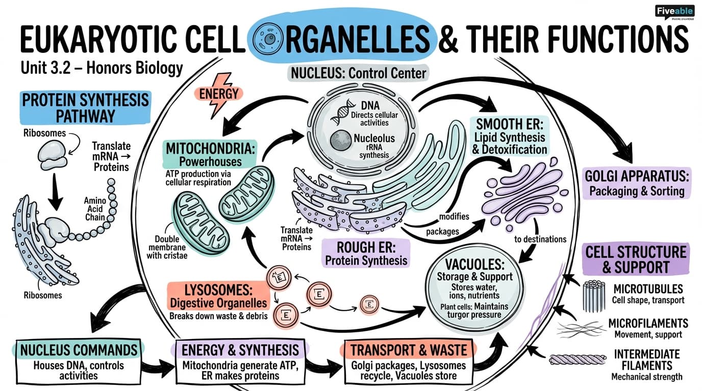 3.2 Eukaryotic Cell Organelles and Their Functions - Honors Biology - Unit 3 visual cheatsheet