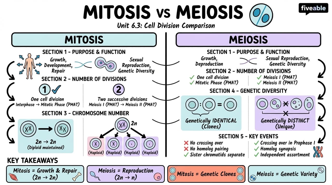 6.3 Comparison of Mitosis and Meiosis - Honors Biology - Unit 6 visual cheatsheet
