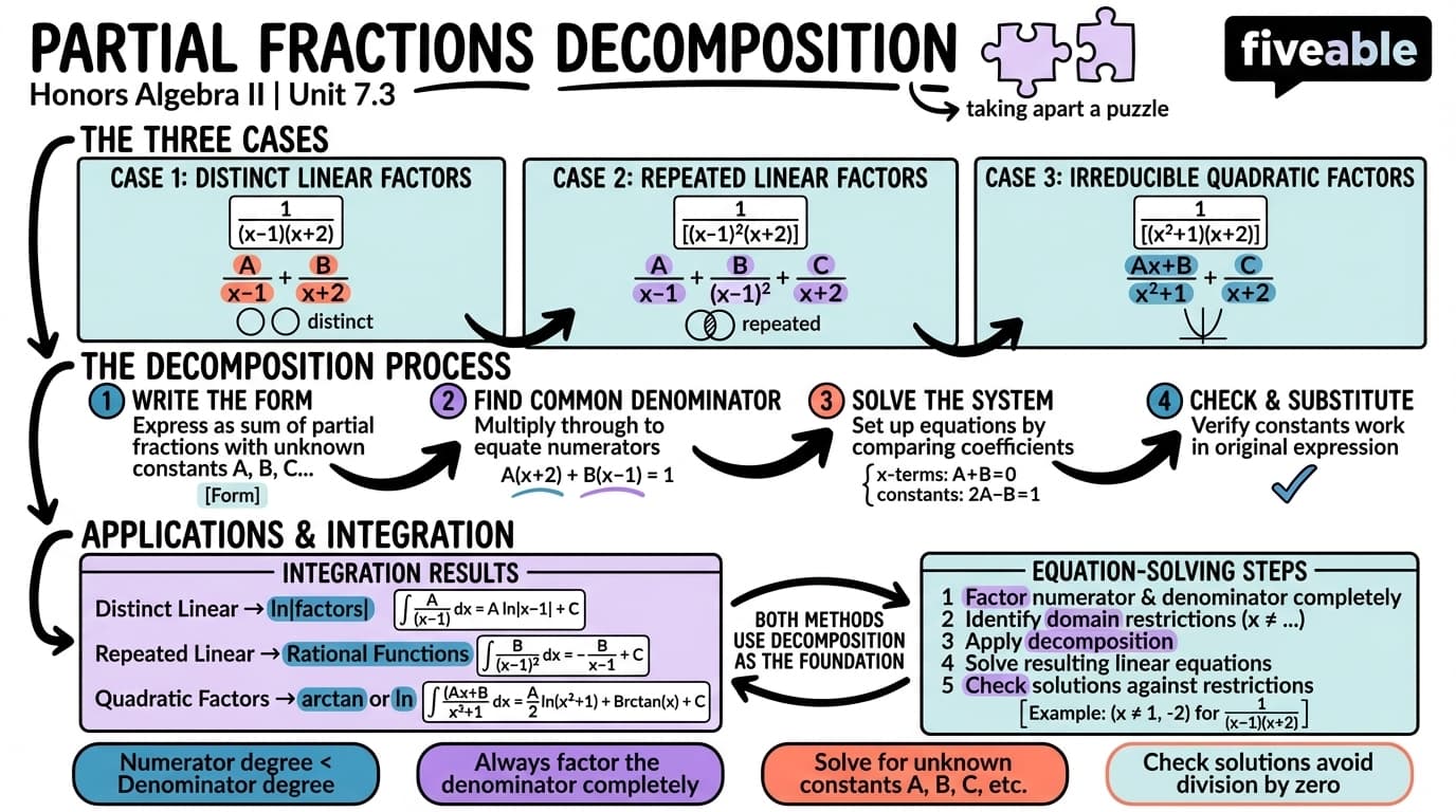 7.3 Partial Fractions Decomposition - Honors Algebra II - Unit 7 visual cheatsheet