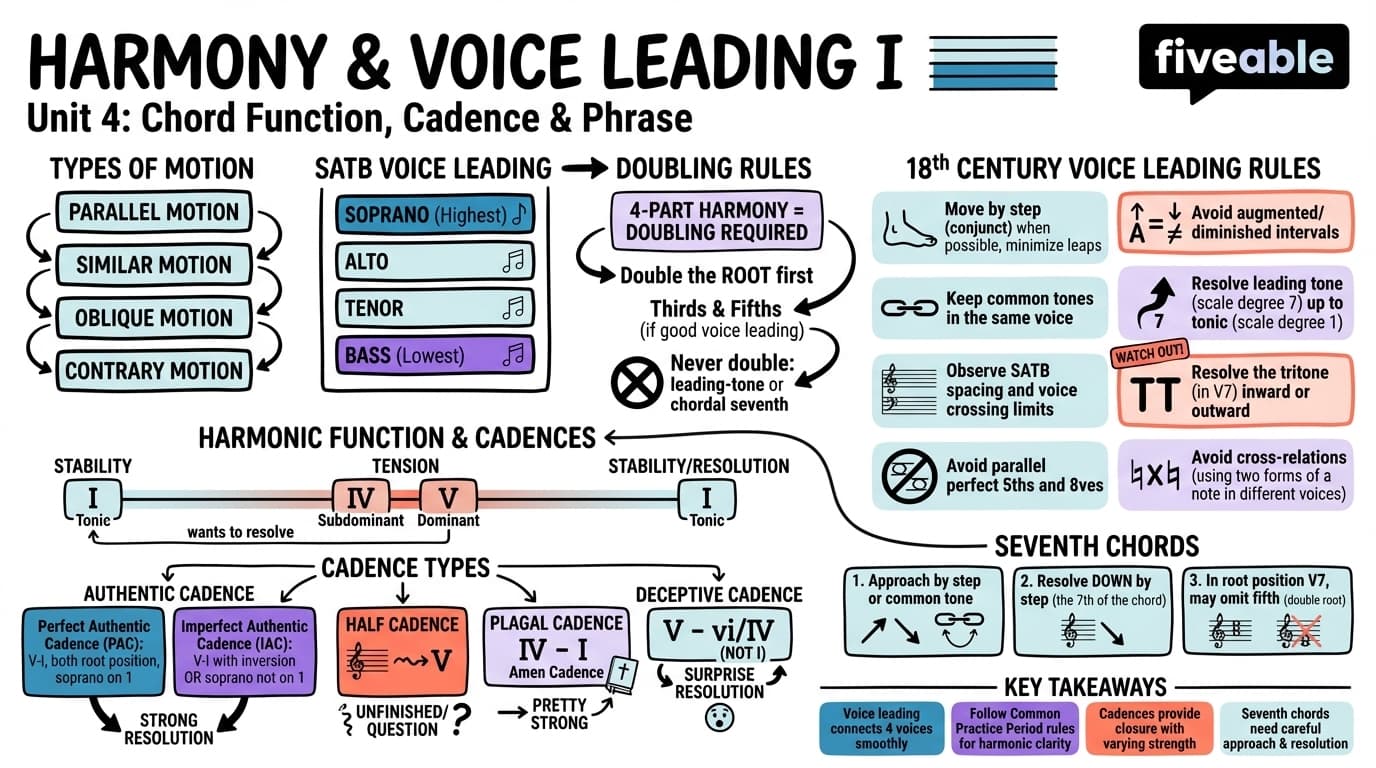 Unit 4 Overview: Harmony and Voice Leading I (Chord Function, Cadence, and Phrase) - AP Music Theory - Unit 4 visual cheatsheet