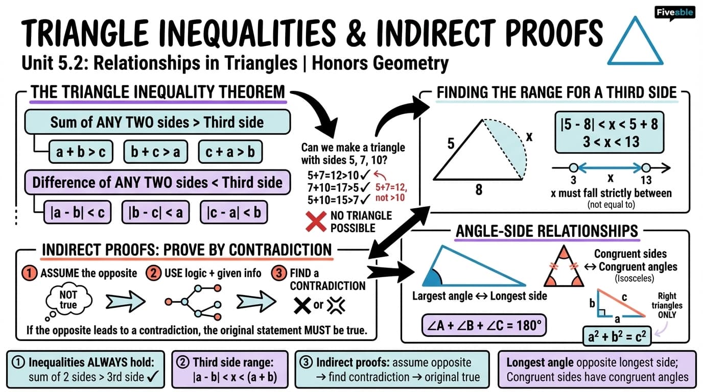 5.2 Triangle inequalities and indirect proofs - Honors Geometry - Unit 5 visual cheatsheet