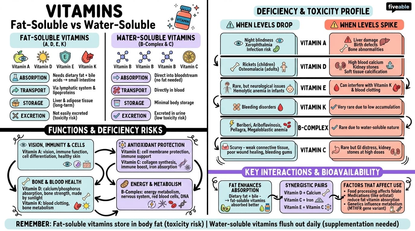 3.1 Vitamins: Fat-soluble and water-soluble vitamins, functions, and deficiencies - Advanced Nutrition - Unit 3 visual cheatsheet