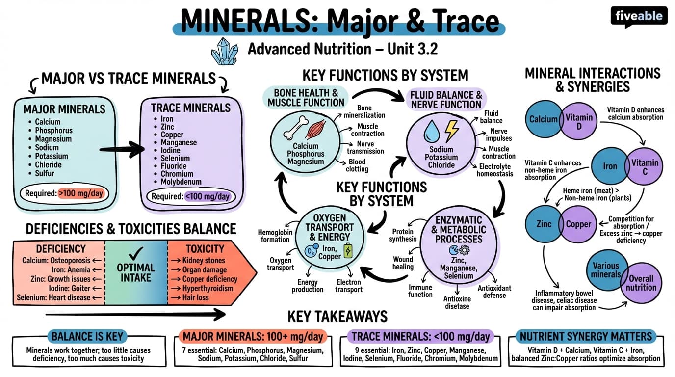 3.2 Minerals: Major and trace minerals, functions, and interactions - Advanced Nutrition - Unit 3 visual cheatsheet