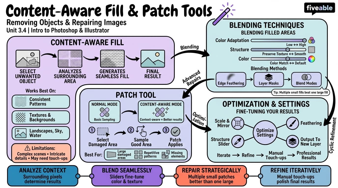 3.4 Content-Aware Fill and Patch Tools - Intro to Photoshop and Illustrator - Unit 3 visual cheatsheet