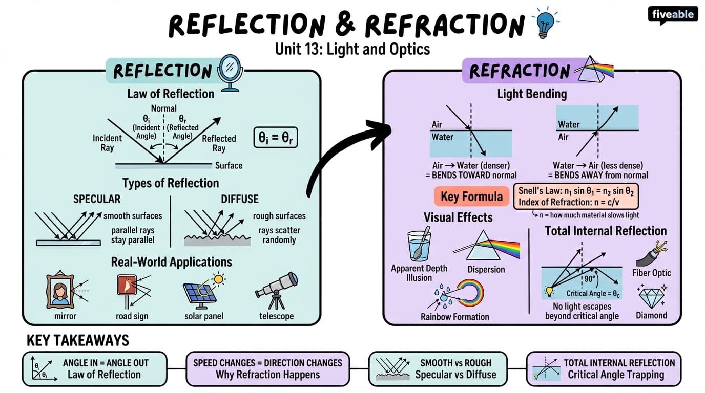 13.2 Reflection and Refraction - Physical Science - Unit 13 visual cheatsheet