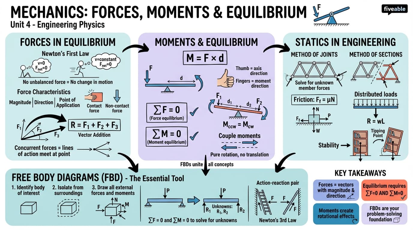 4.1 Mechanics: forces, moments, and equilibrium - Intro to Engineering - Unit 4 visual cheatsheet