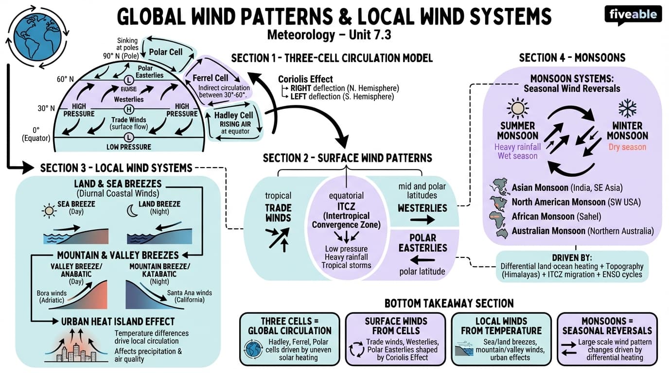 7.3 Global wind patterns and local wind systems - Meteorology - Unit 7 visual cheatsheet