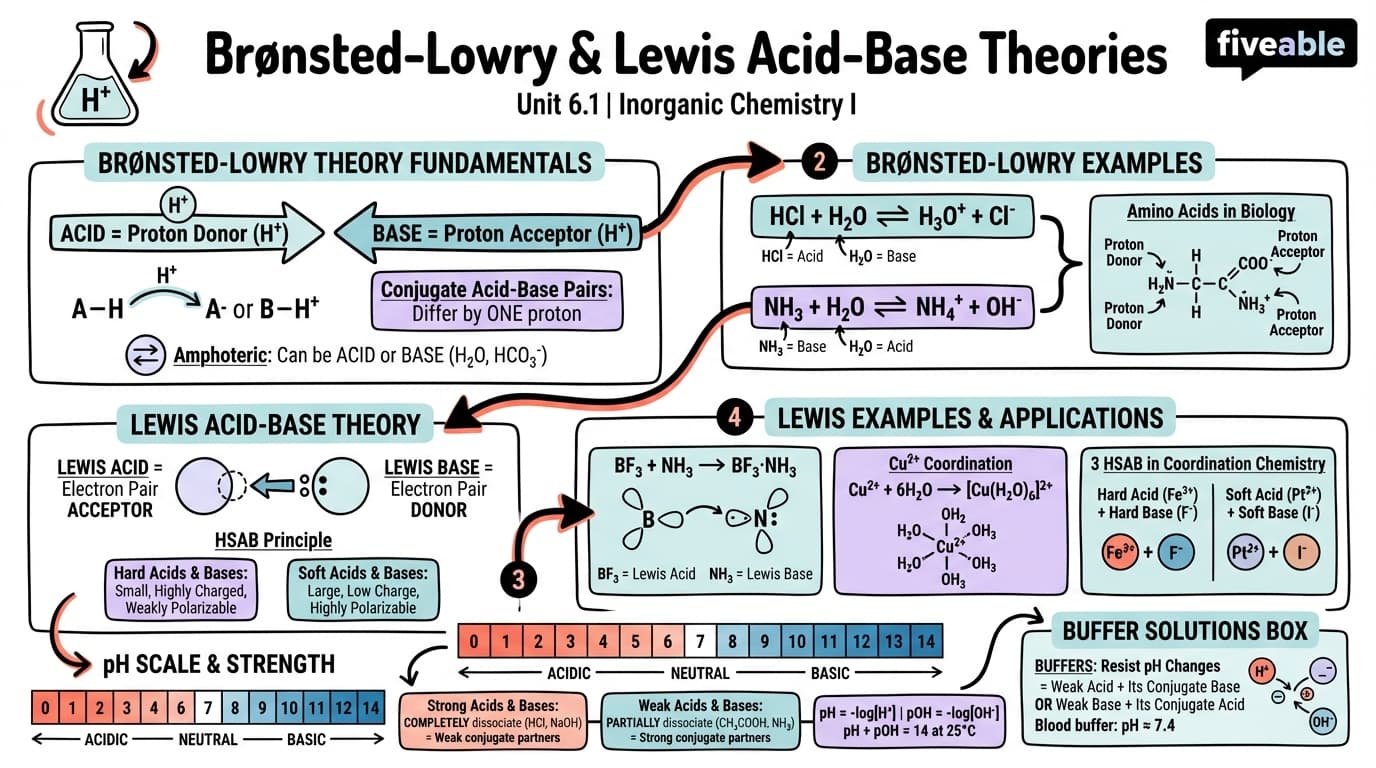 6.1 Brønsted-Lowry and Lewis Acid-Base Theories - Inorganic Chemistry I - Unit 6 visual cheatsheet