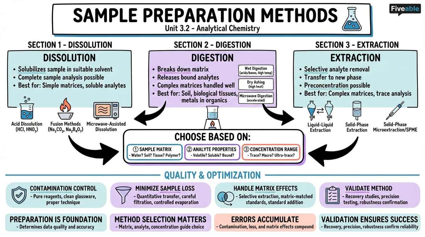 3.2 Sample preparation methods (dissolution, digestion, extraction) - Analytical Chemistry - Unit 3 visual cheatsheet