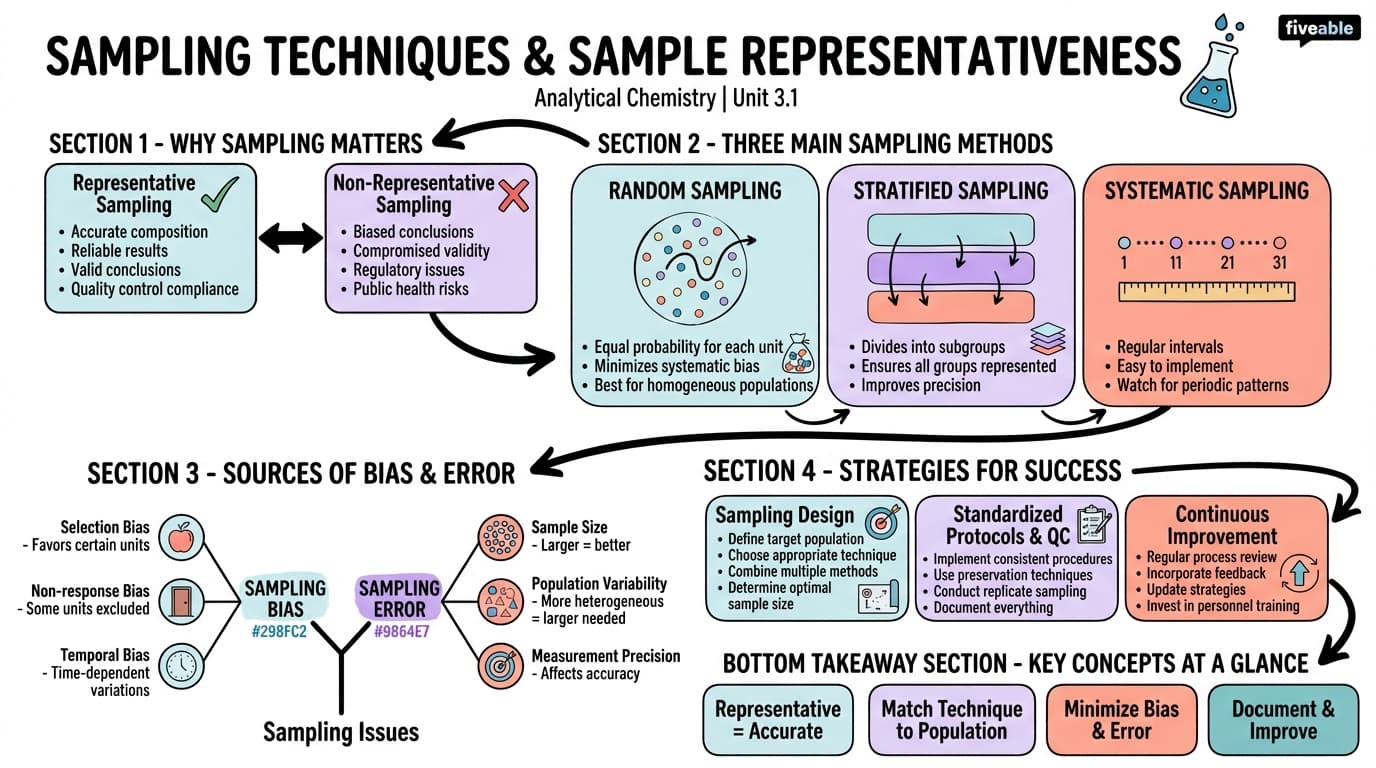 3.1 Sampling techniques and sample representativeness - Analytical Chemistry - Unit 3 visual cheatsheet