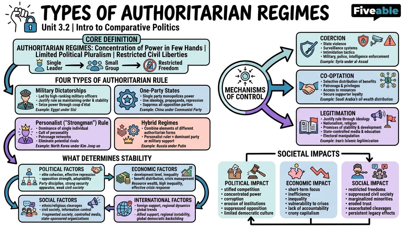 3.2 Types of Authoritarian Regimes - Intro to Comparative Politics - Unit 3 visual cheatsheet