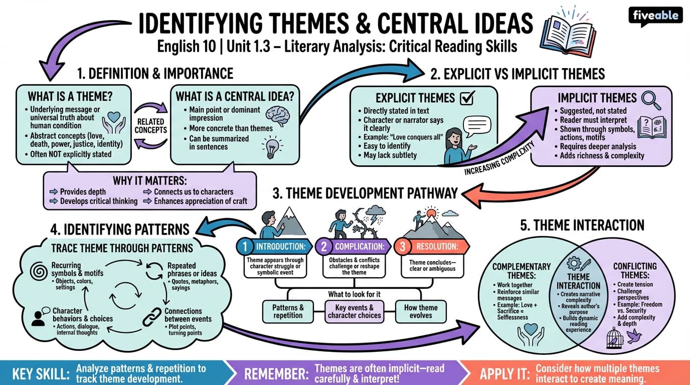 1.3 Identifying Themes and Central Ideas - English 10 - Unit 1 visual cheatsheet