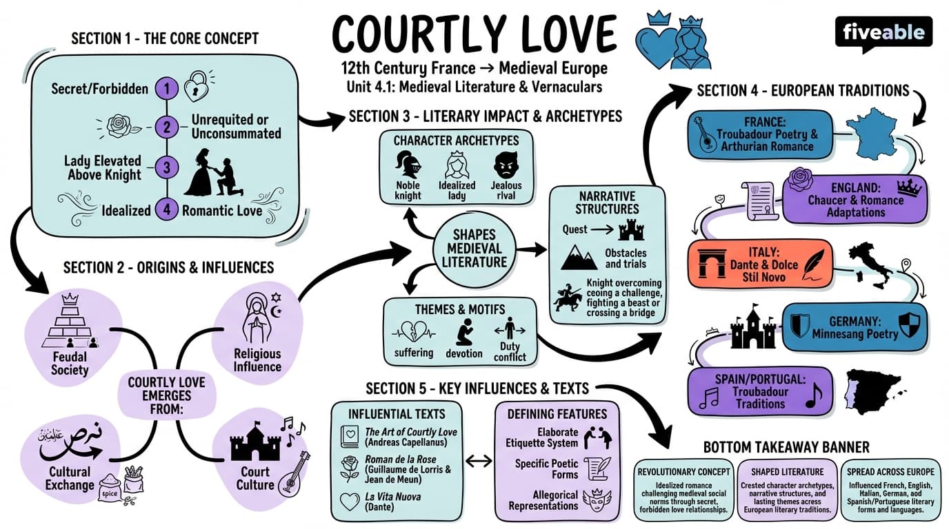 4.1 The Concept of Courtly Love in European Literature - Intro to Comparative Literature - Unit 4 visual cheatsheet