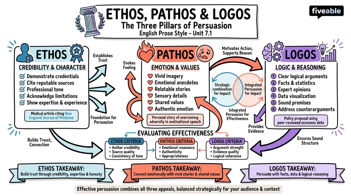 7.1 Ethos, Pathos, and Logos - English Prose Style - Unit 7 visual cheatsheet