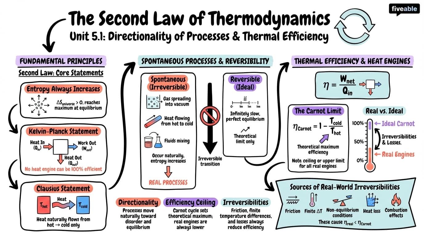 5.1 Directionality of processes and thermal efficiency - Thermodynamics of Fluids - Unit 5 visual cheatsheet