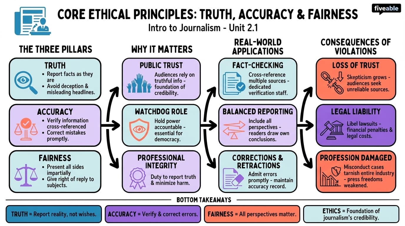 2.1 Core ethical principles: truth, accuracy, and fairness - Intro to Journalism - Unit 2 visual cheatsheet