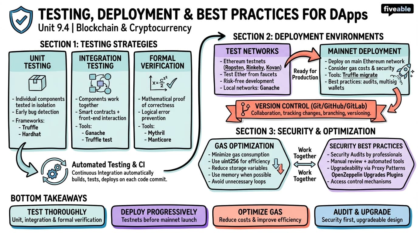 9.4 Testing, Deployment, and Best Practices for DApps - Blockchain and Cryptocurrency - Unit 9 visual cheatsheet