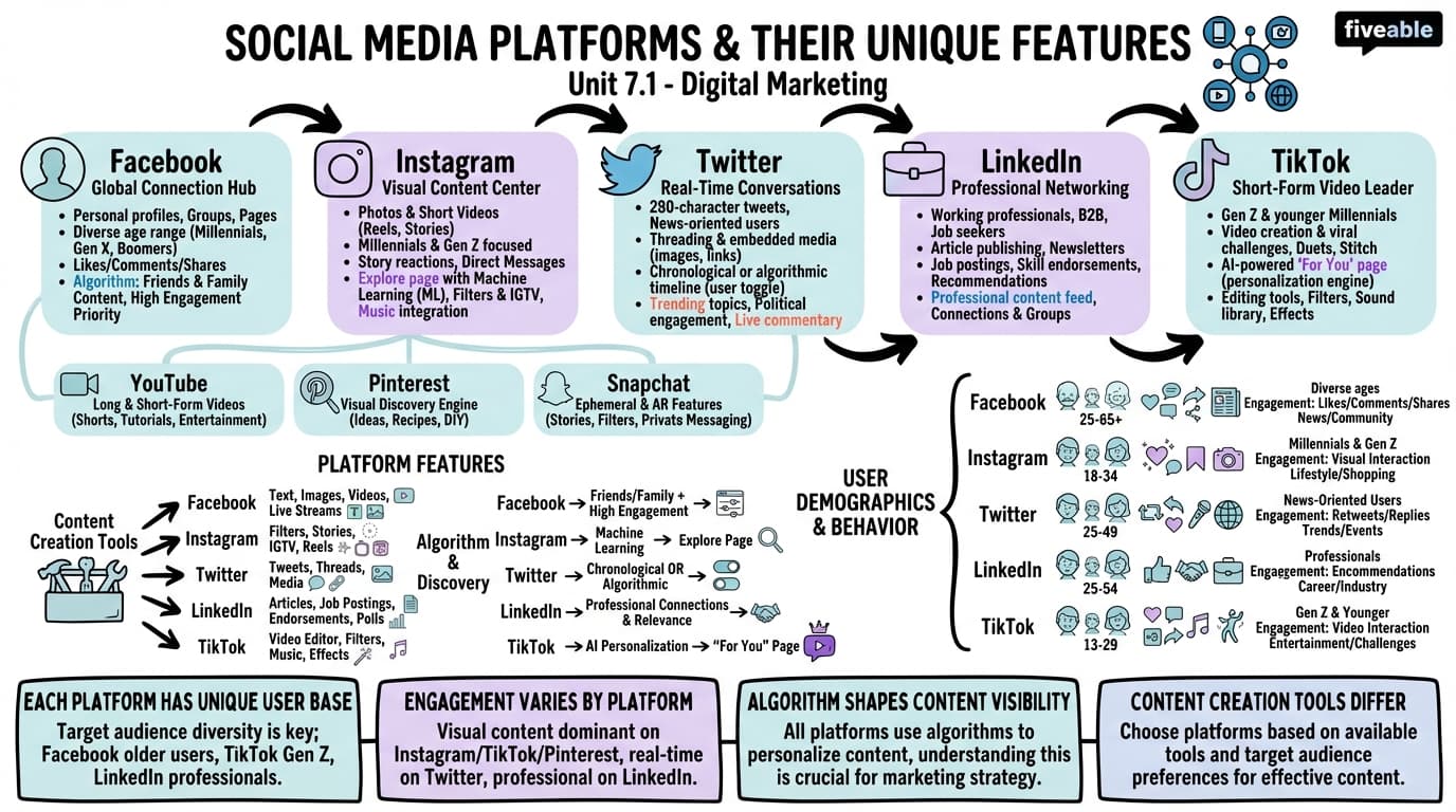 7.1 Social Media Platforms and Their Unique Features - Digital Marketing - Unit 7 visual cheatsheet