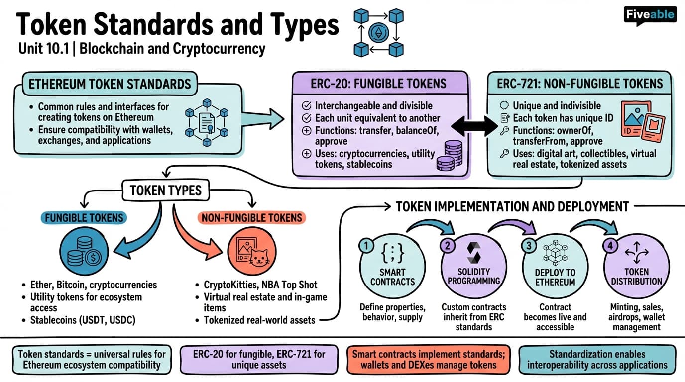 10.1 Token Standards and Types (ERC-20, ERC-721, etc.) - Blockchain and Cryptocurrency - Unit 10 visual cheatsheet