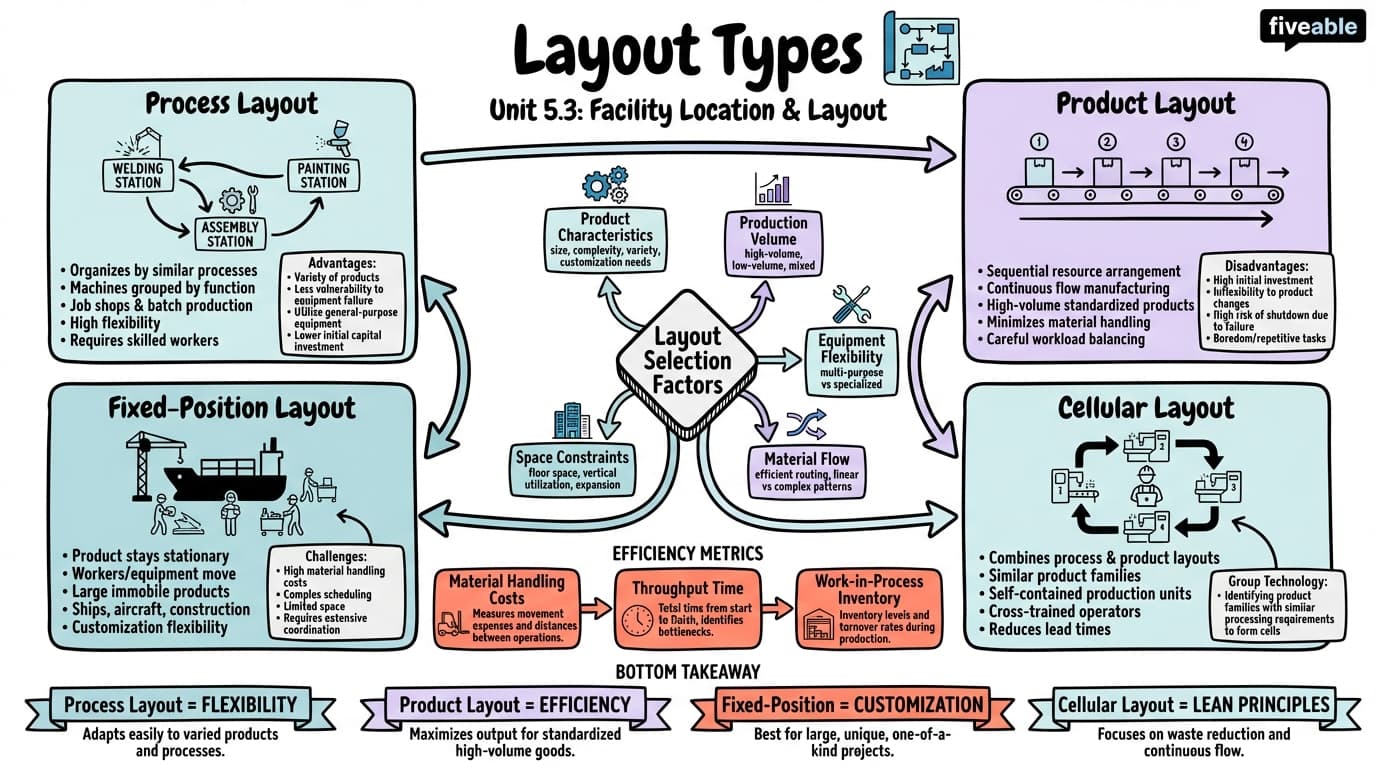 5.3 Layout types - Production and Operations Management - Unit 5 visual cheatsheet