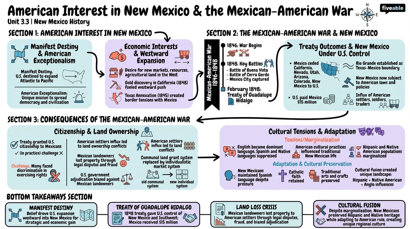 3.3 American interest in New Mexico and the impact of the Mexican-American War - New Mexico History - Unit 3 visual cheatsheet