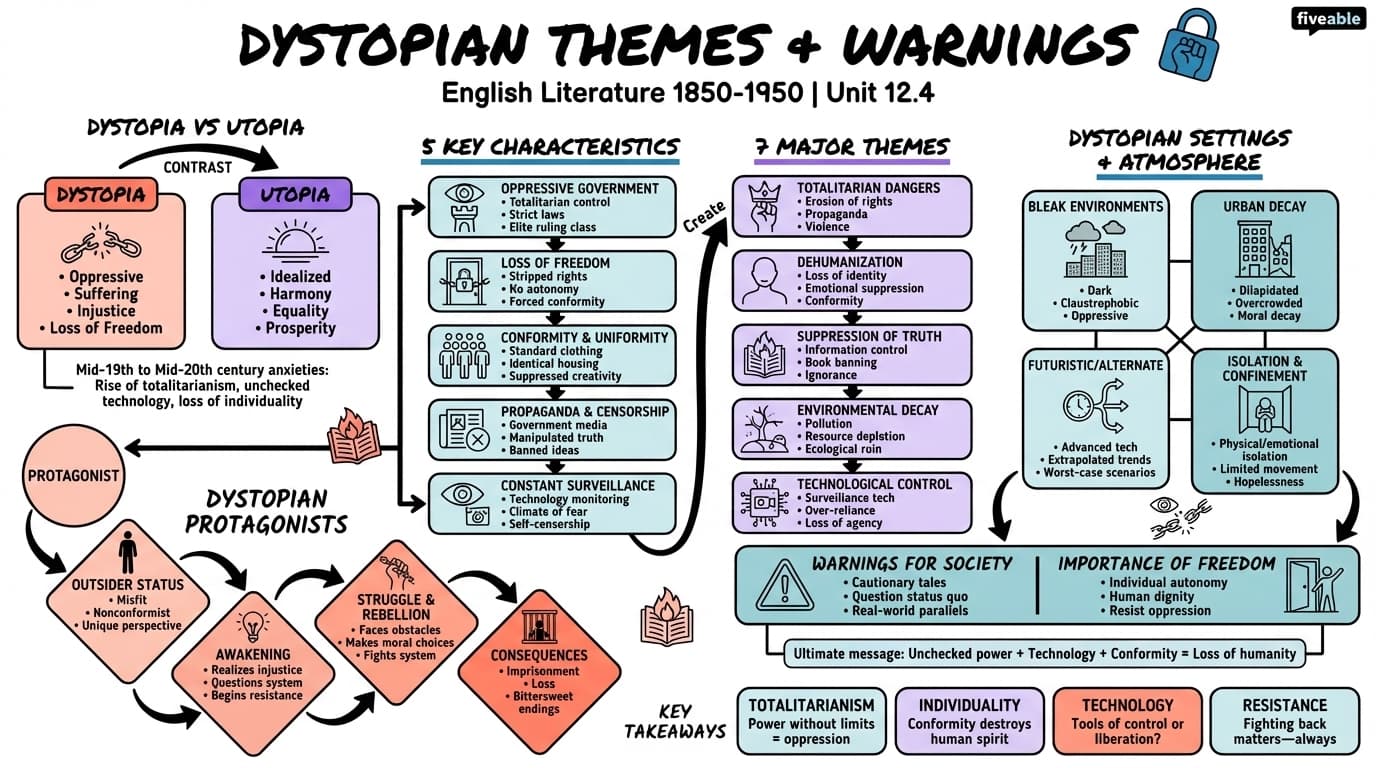 12.4 Dystopian themes and warnings - English Literature – 1850 to 1950 - Unit 12 visual cheatsheet
