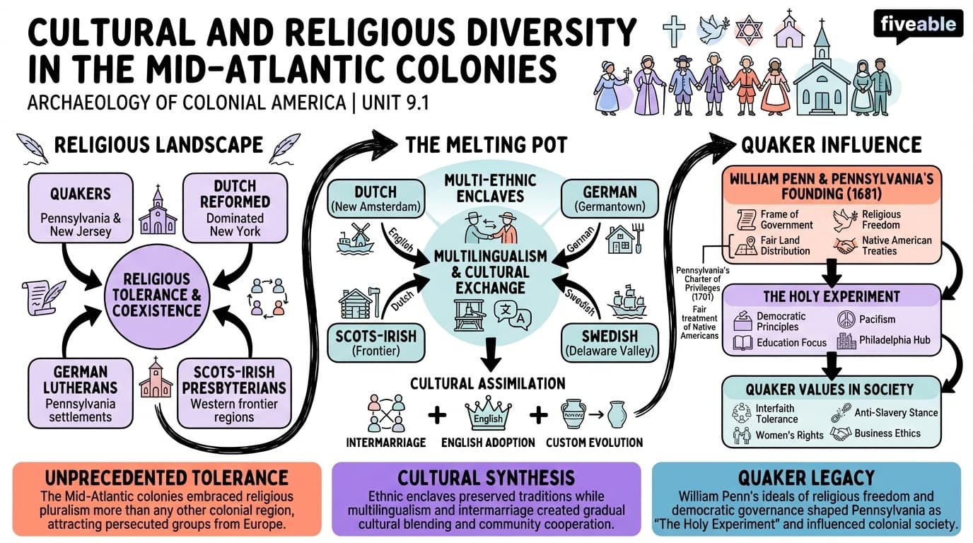 9.1 Cultural and religious diversity in the Mid-Atlantic colonies - Archaeology of Colonial America - Unit 9 visual cheatsheet