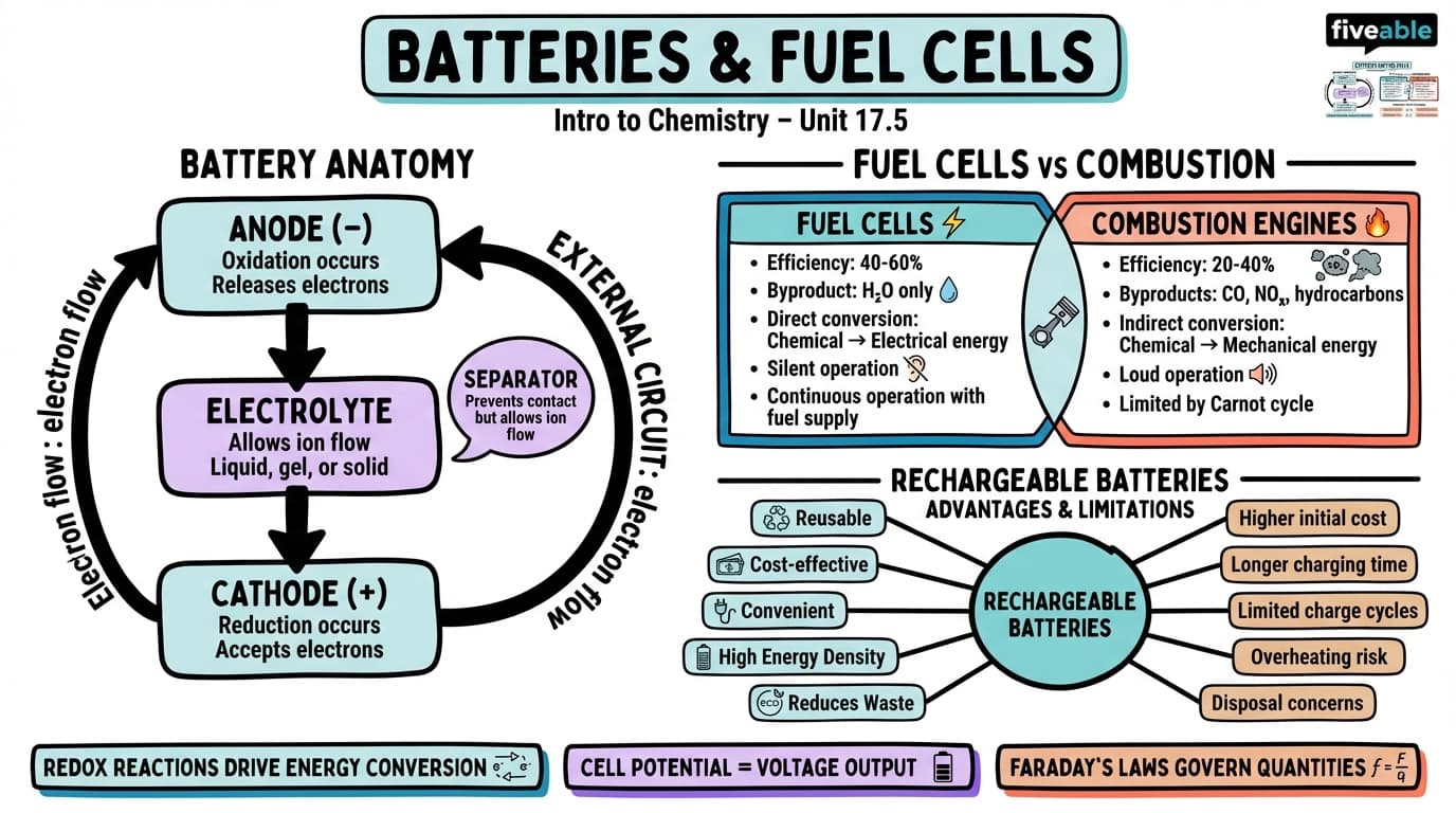 17.5 Batteries and Fuel Cells - Intro to Chemistry - Unit 17 visual cheatsheet