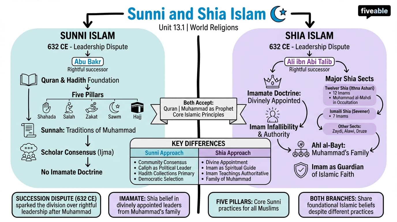 13.1 Sunni and Shia Islam - World Religions - Unit 13 visual cheatsheet