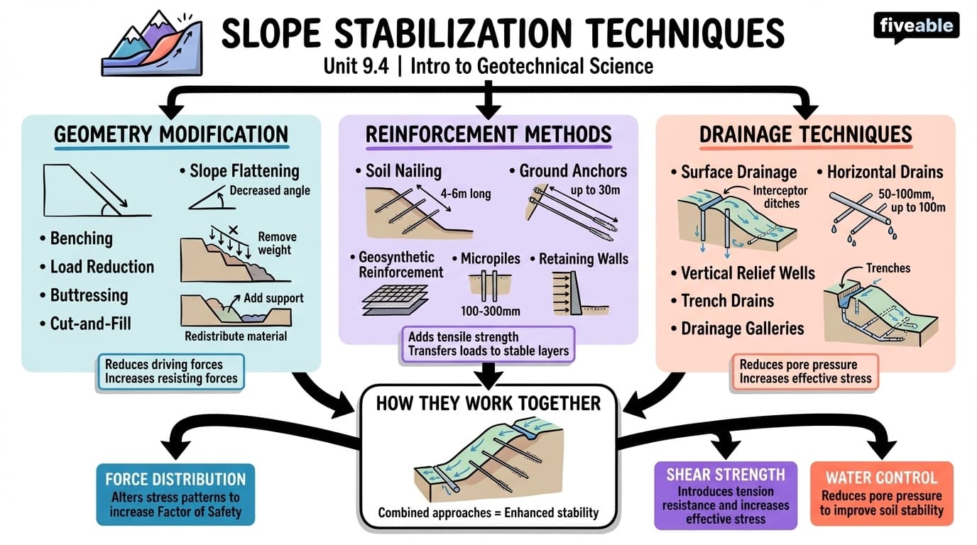 9.4 Slope stabilization techniques (geometry modification, reinforcement, drainage) - Intro to Geotechnical Science - Unit 9 visual cheatsheet