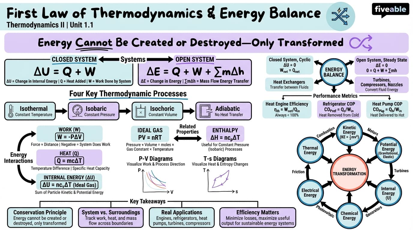 1.1 First Law of Thermodynamics and Energy Balance - Thermodynamics II - Unit 1 visual cheatsheet